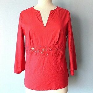 Vntg Y2K Talbots Pink XLP Babydoll Sequin Embroidery Cotton Top 3/4 Sleeve